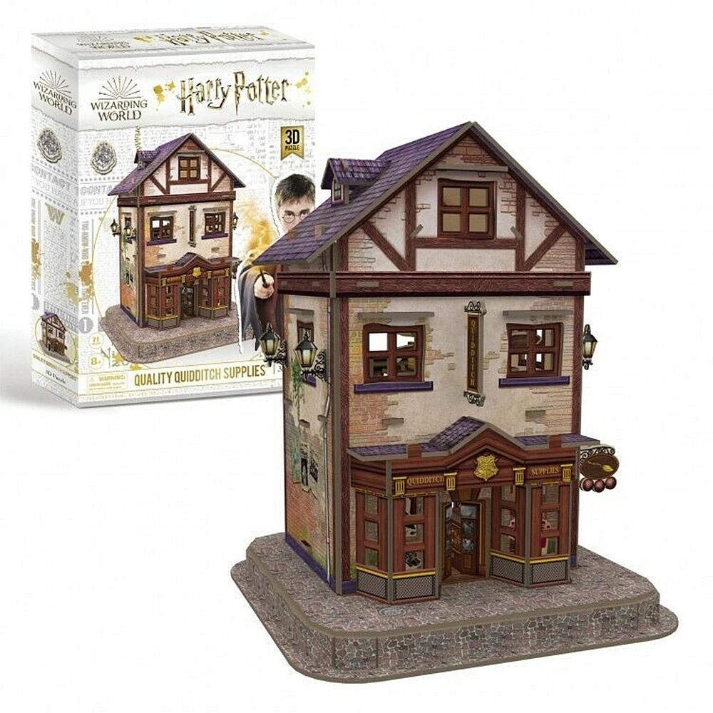Front view of the Quidditch Supplies store completed 3D model with the manufacturer's box behind.