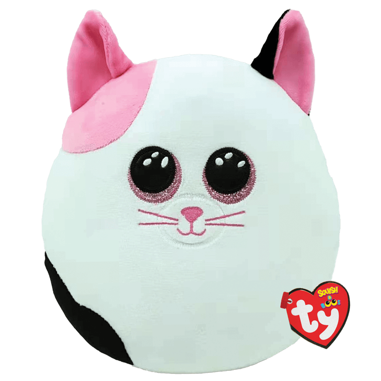 White oval-shaped, cuddly cat-like toy with pink ears.