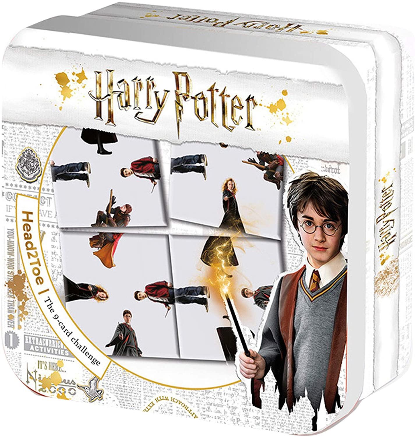 White rectangular tin box with gold coloured decoration containing Harry Potter top to toe puzzle. There is a picture of Harry Potter in the right corner holding his wand.