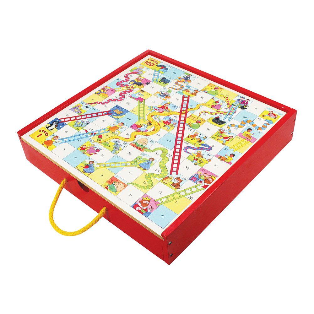 Wooden box with red sides and snakes and ladders game on top. Yellow handle.