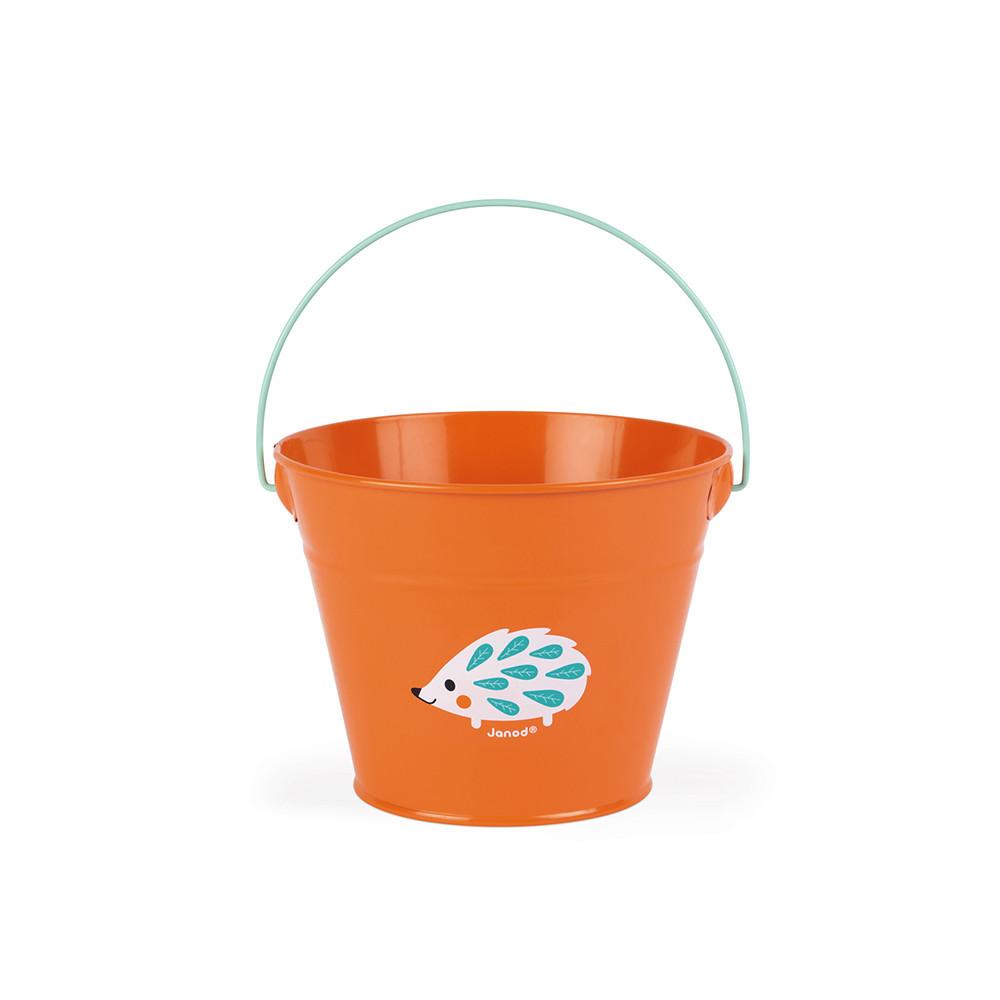 Orange metal bucket with a white hedgehog illustration.