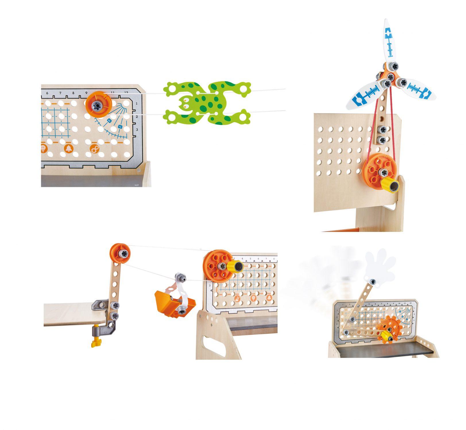 Wooden pieces that make up the experiments in the Hape Junior Inventor Discovery workbench.