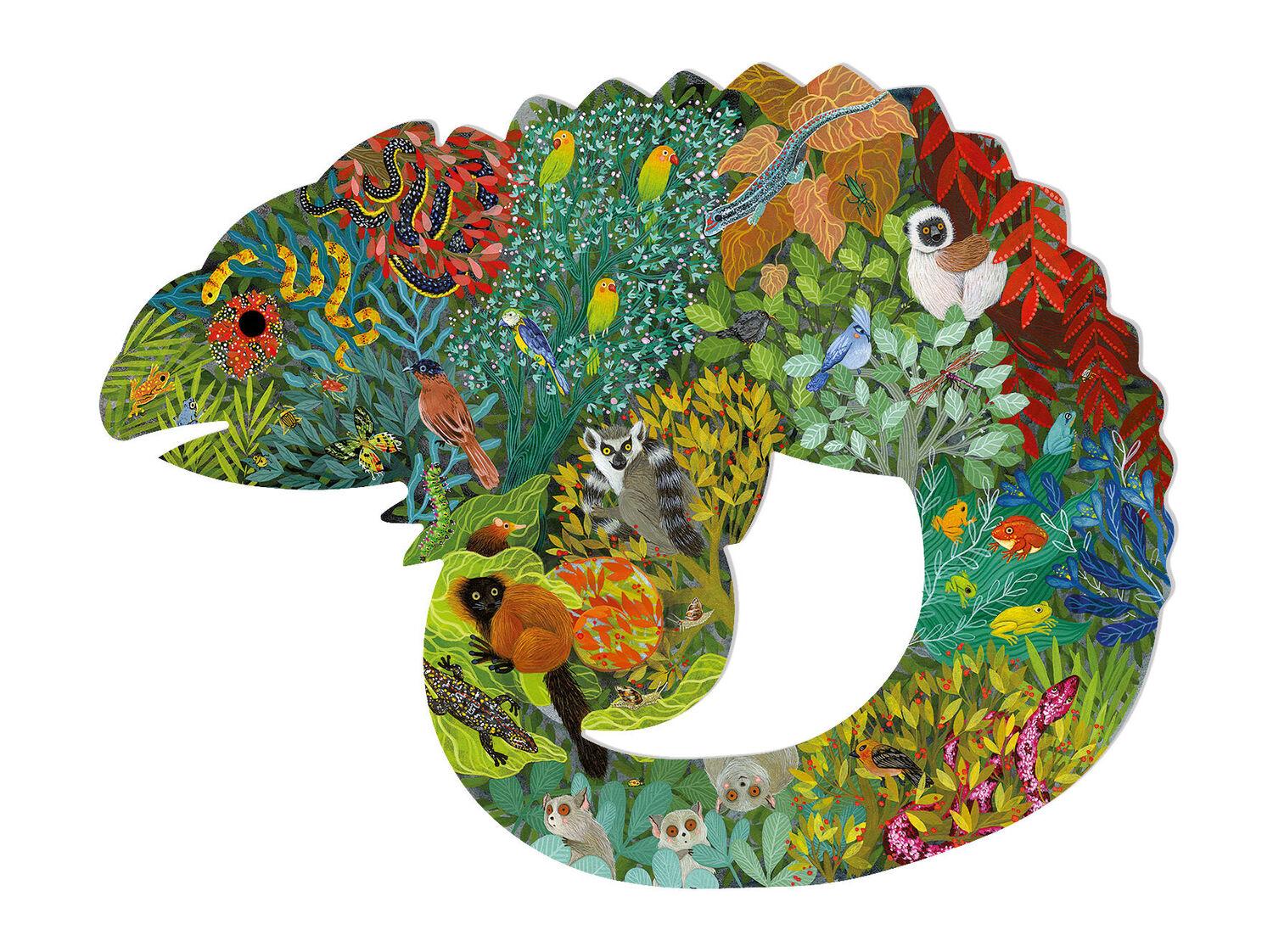 Completed 150 piece colourful chameleon-shaped jigsaw