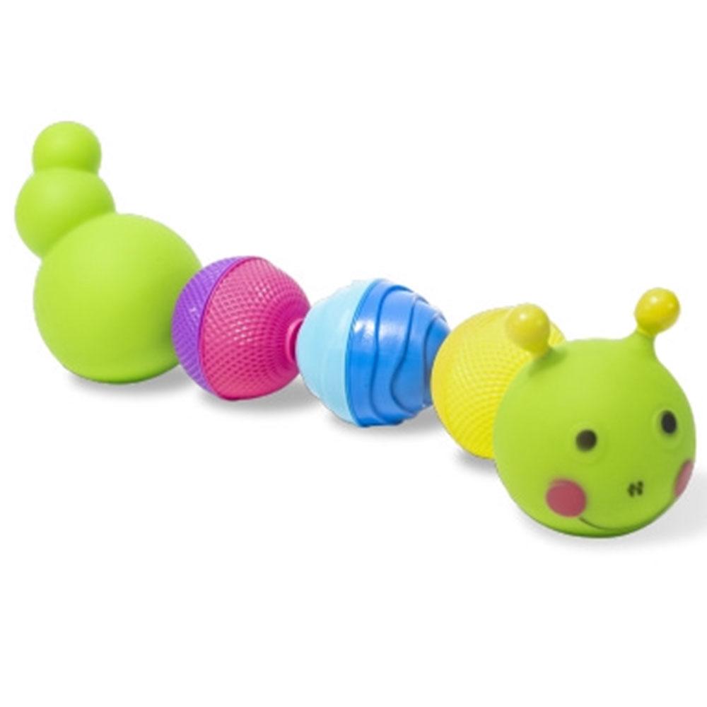 Caterpillar-shaped, colourful bath toy that comes apart and clicks back together.