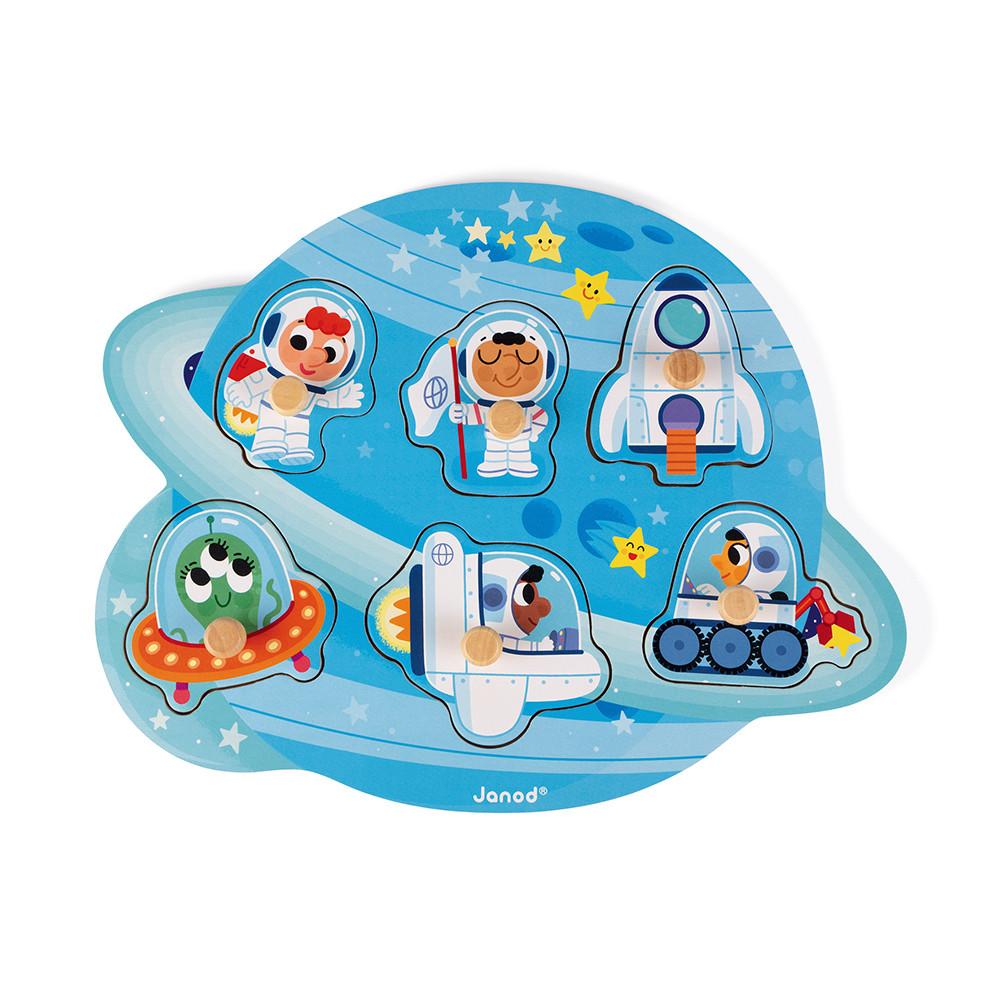 Blue wooden puzzle with a planet and space-related pieces that lift out and slot back in.