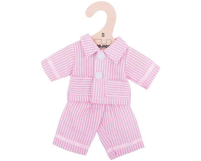 Pink striped dolls pyjamas on a hanger.