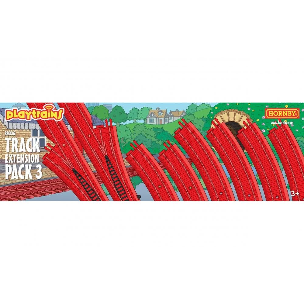 Long narrow box shown at an angle, containing red Playtrains track pieces.