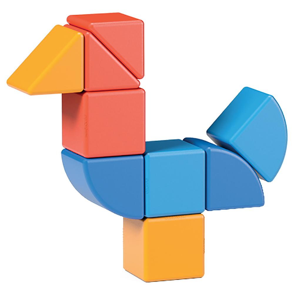 Bird shape made up of colourful magnetic parts. White background.