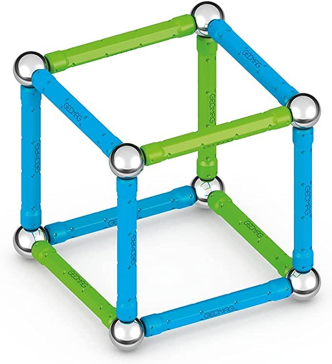Cube shape formed with green and blue posts and held together by silver spherical magnets.