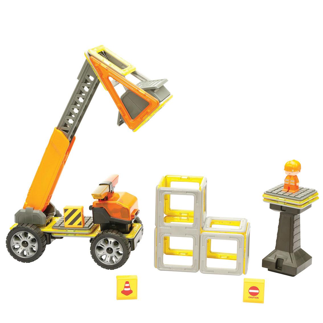 CHerry-picker on the left, blocks in the centre and a builder figure on a plinth on the right hand side - all built with Magformers parts.