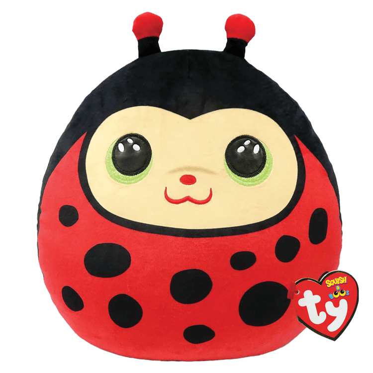 An oval-shaped soft toy in ladybird colours.