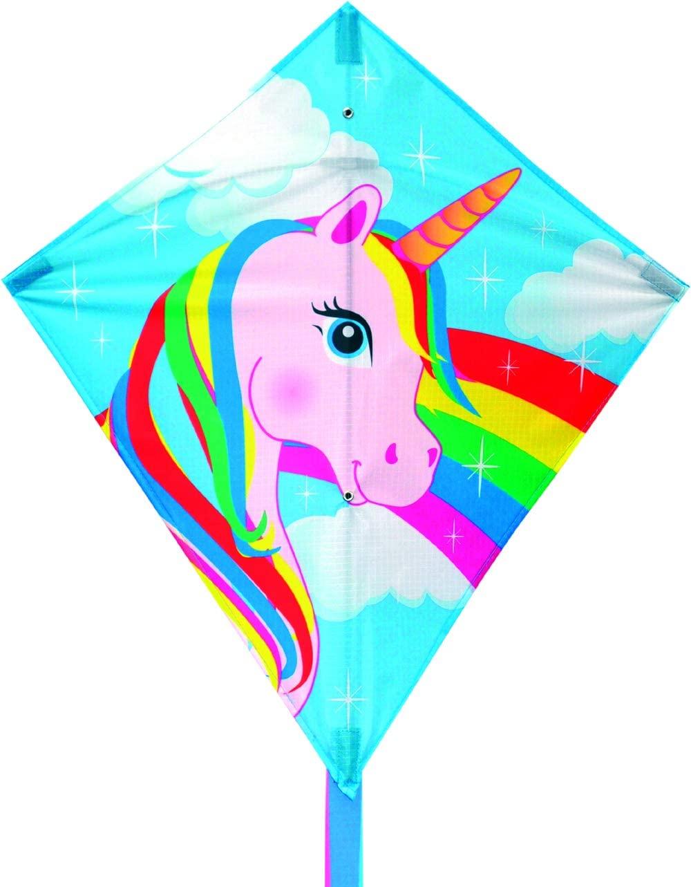 Diamond-shaped kite with a Unicorn head with a rainbow mane on a blue sky background.