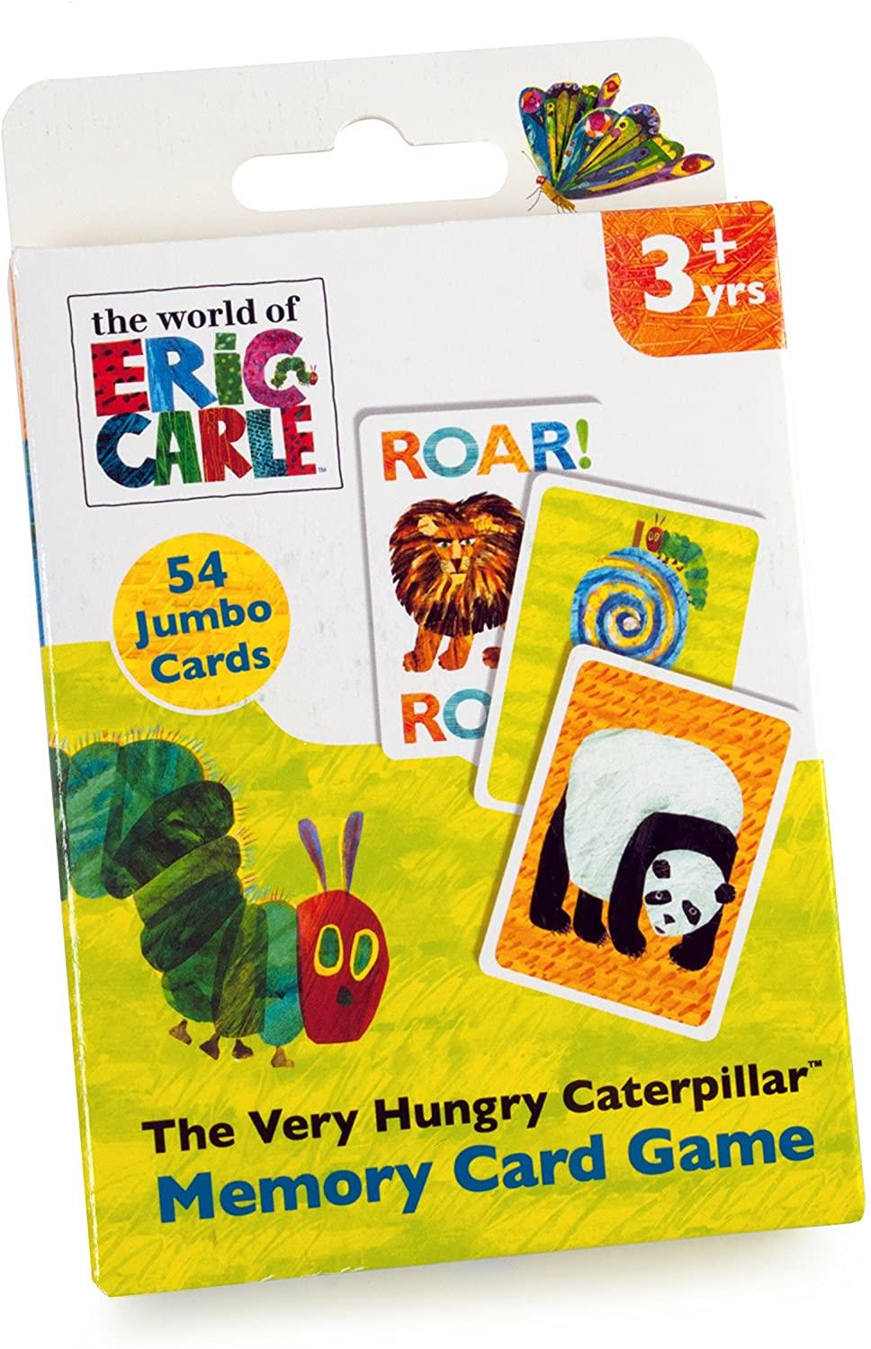 Rectangular lime green and white box featurung an image of a green Very Hungry Caterpillar and image of 3 individual cards. The wording at the foot reads" Very Hungry Caterpillar Memory Card Game".