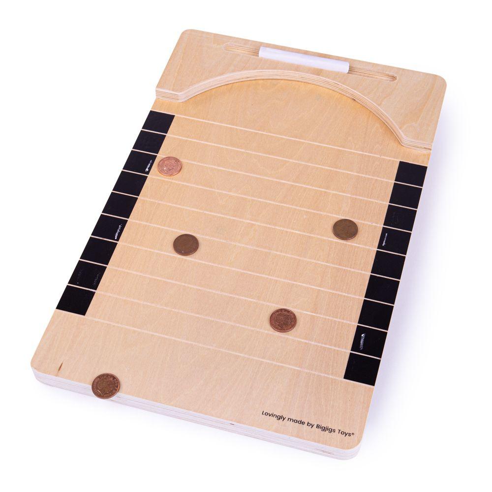 Wooden board game with copper pennies.