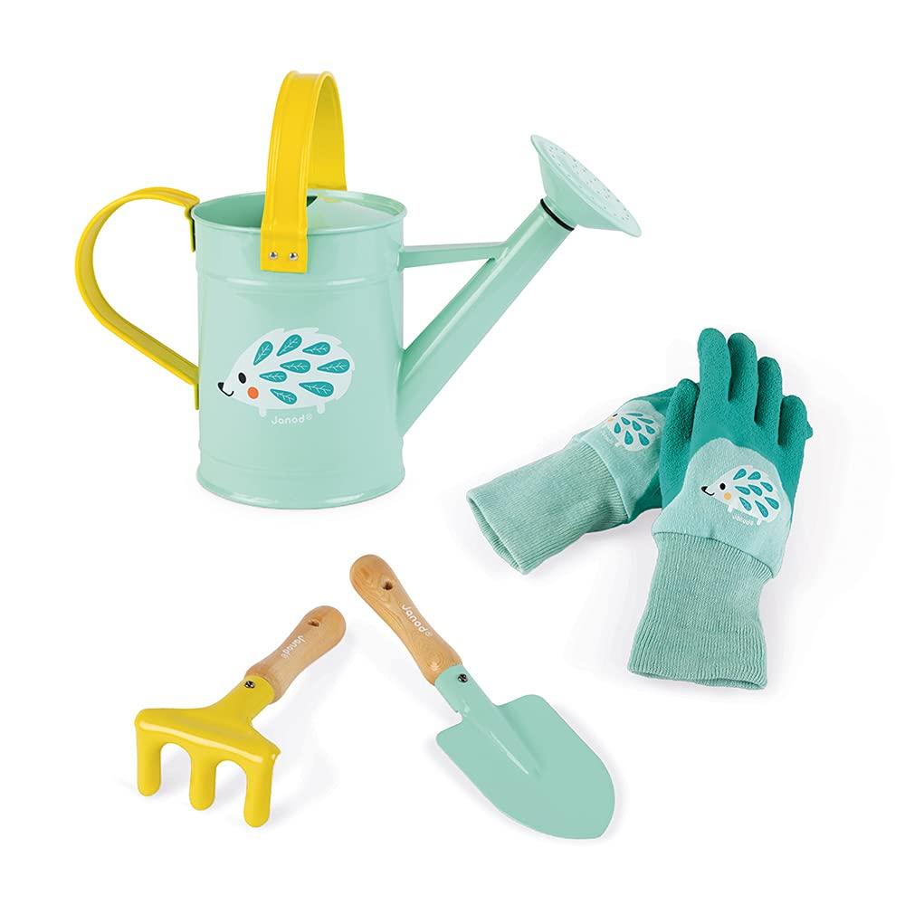 Mint green metal watering can with yellow handles, green gardening gloves and a small yellow rake and green trowel with wooden handles.