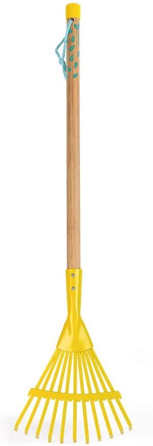 Yellow children's rake with long wooden handle.