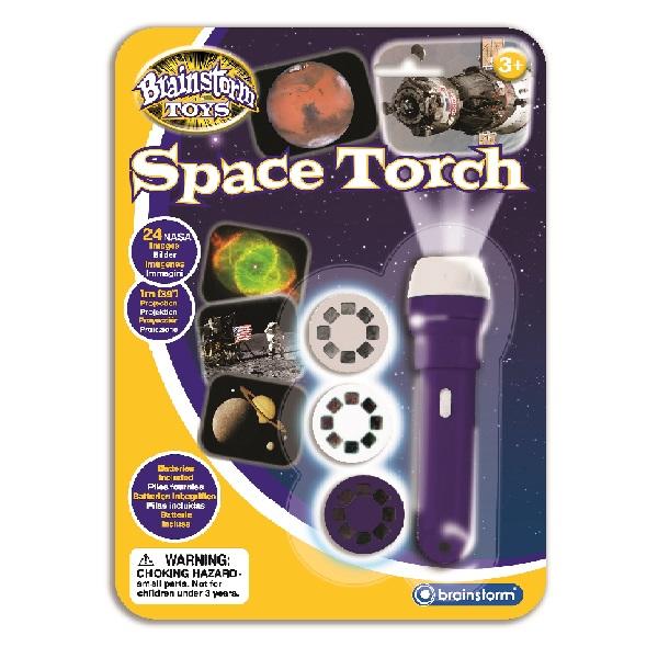 Projector and torch in one. Projects images of stars, astronauts, planets.