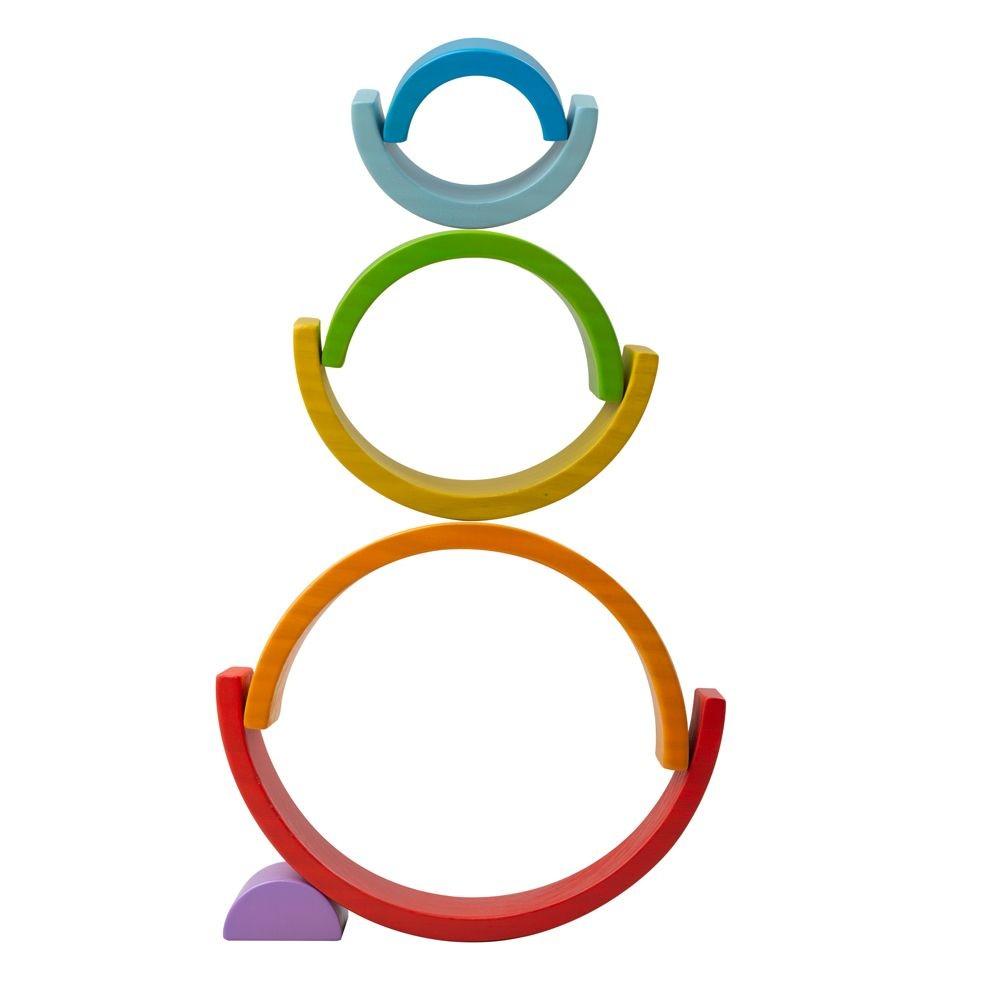 Colourful wooden rainbow stacking toy.