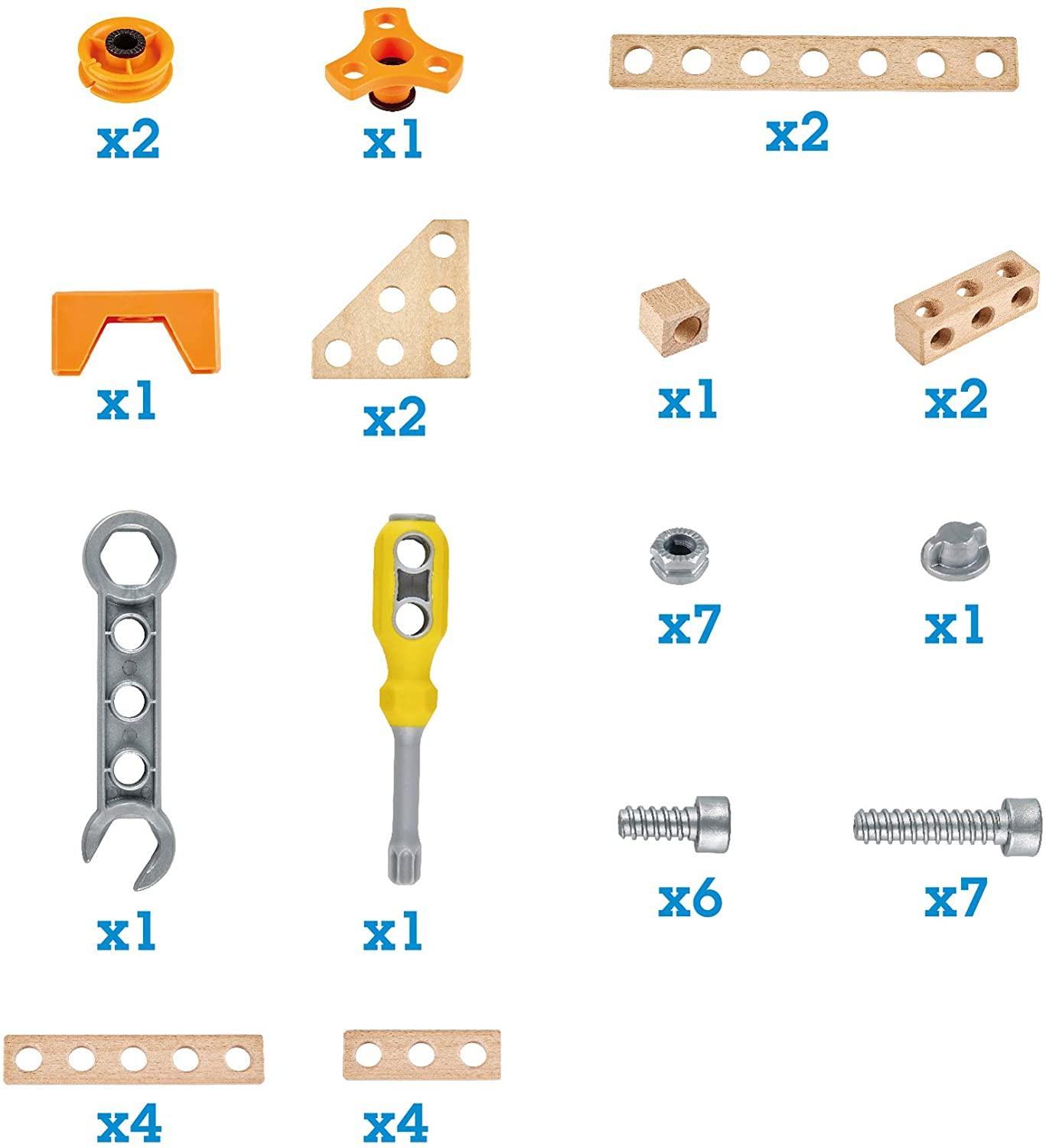 Detailing the different pieces and numbers of a child's inventor kit,