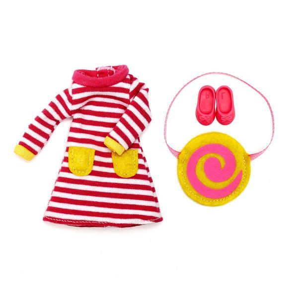 Lottie Doll pink and white striped dress, pink shoes and bag.