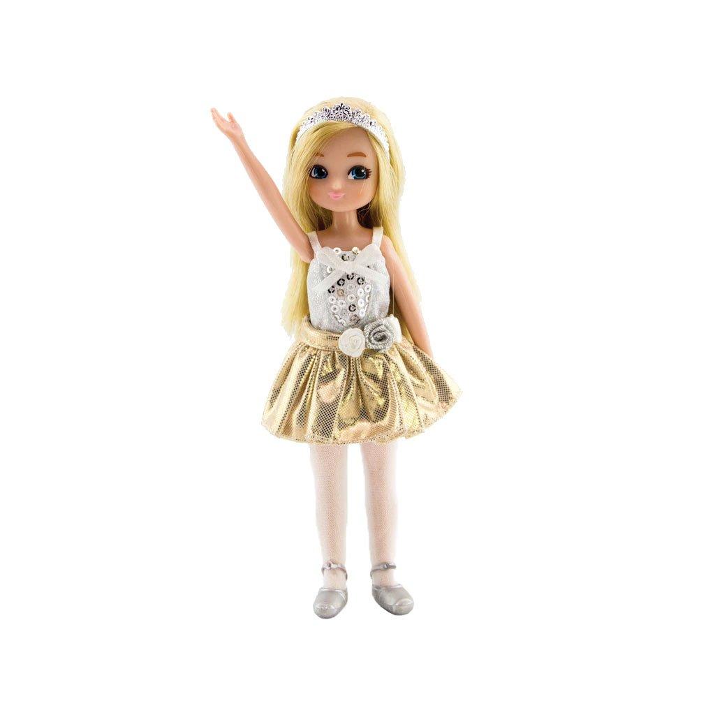 Lottie Swan Lake Ballerina Doll with gold tutu and silver ballet shoes.