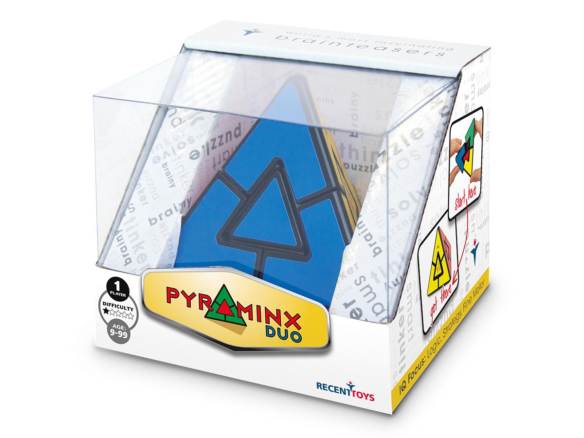 Pyraminx pyramid puzzle in manufacturer's packaging.