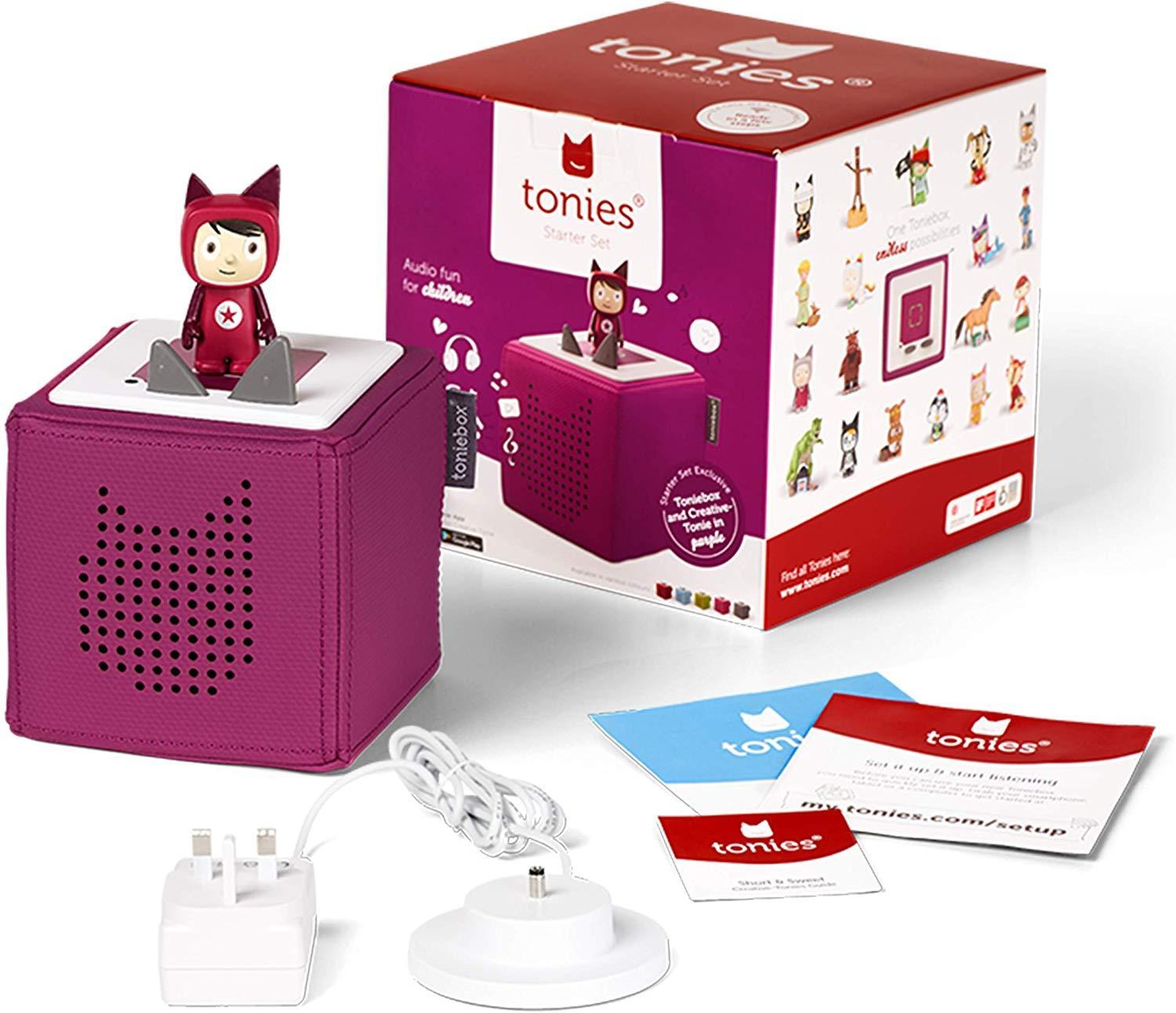 Toniebox starter kit showing Toniebox, cable and instruction booklet.