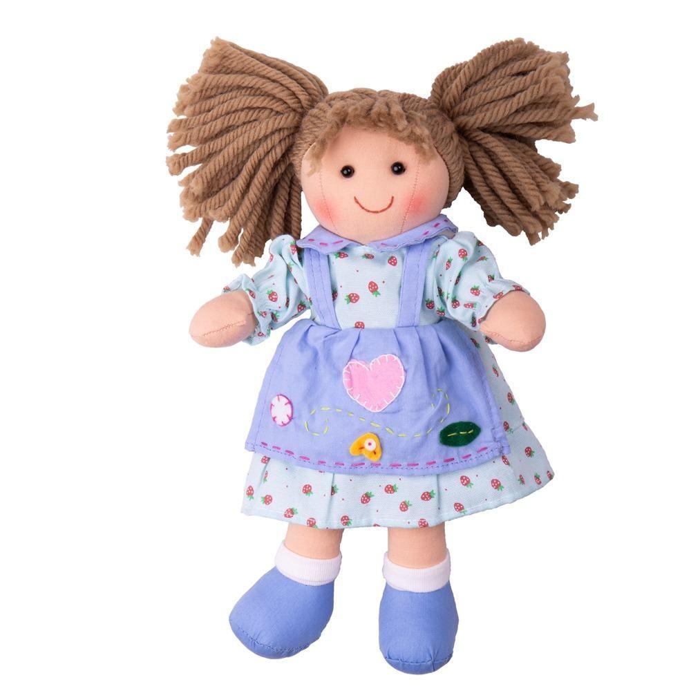 Soft ragdoll with brown hair and wearing a purple dress.