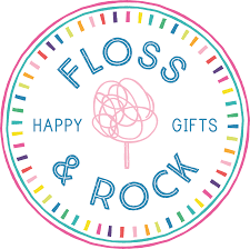 Pastel coloured writing in a circular shape sating 'Floss & Rock'.