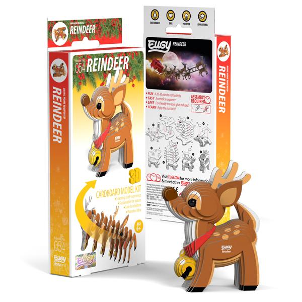 Completed cardboard reindeer model beside its box.