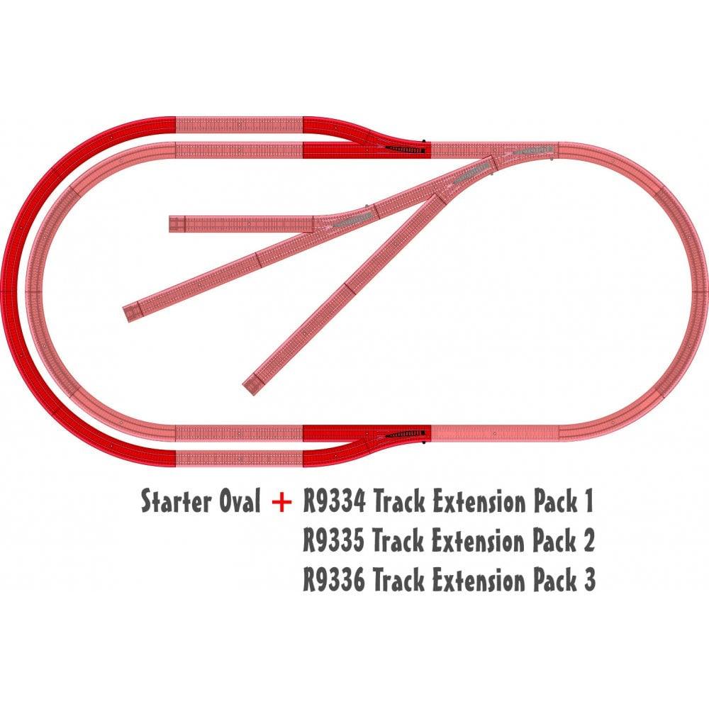 Illustration of a red oval train track with the pieces of this extension pack shown in a darker red colour.