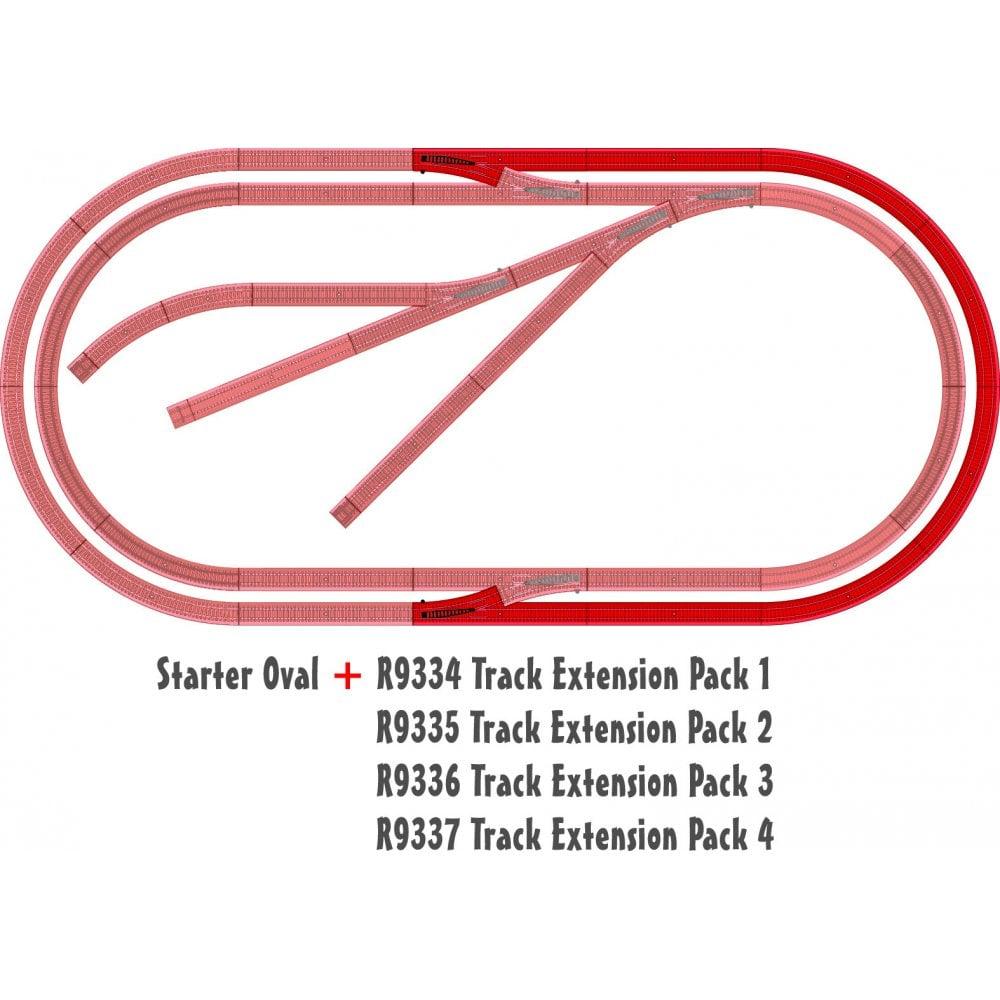 Illustration of an oval train track with the track extensions included in this pack shown in a darker red.