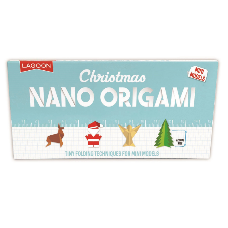 Rectangular box with light blue on top and white below with the text: "Christmas Nano Origami"