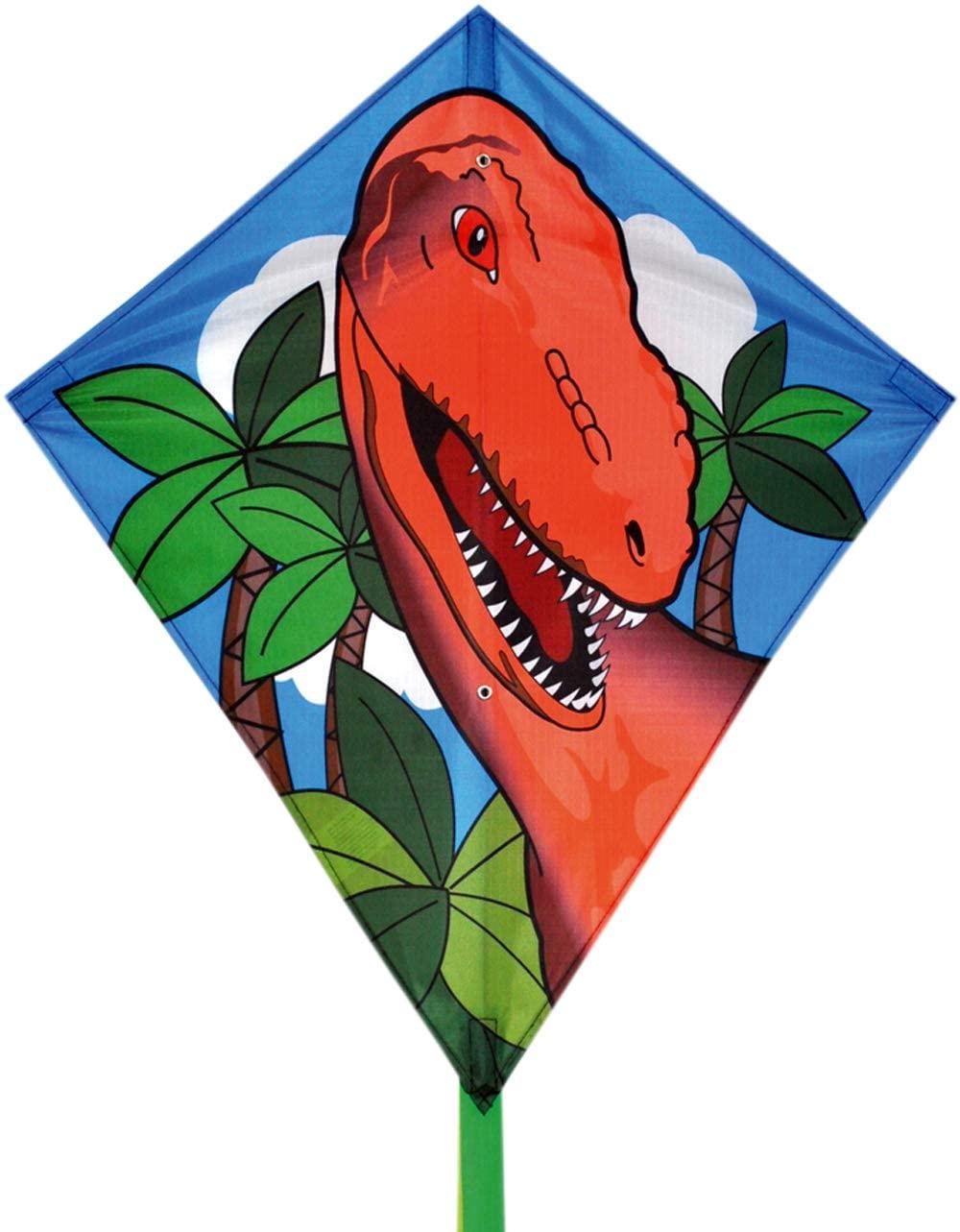 Diamond kite with an orange  T-Rex head.