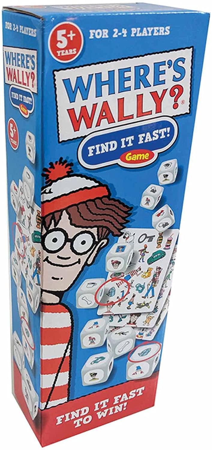 Tall, upright , rectangular, blue box with Where's Wally character wearing his signature red striped top, round dark glasses and bobble hat on left hand side. Wording reads:"Where's Wally Find it Fast Game" at the top and "find it fast to win" at the foot.
