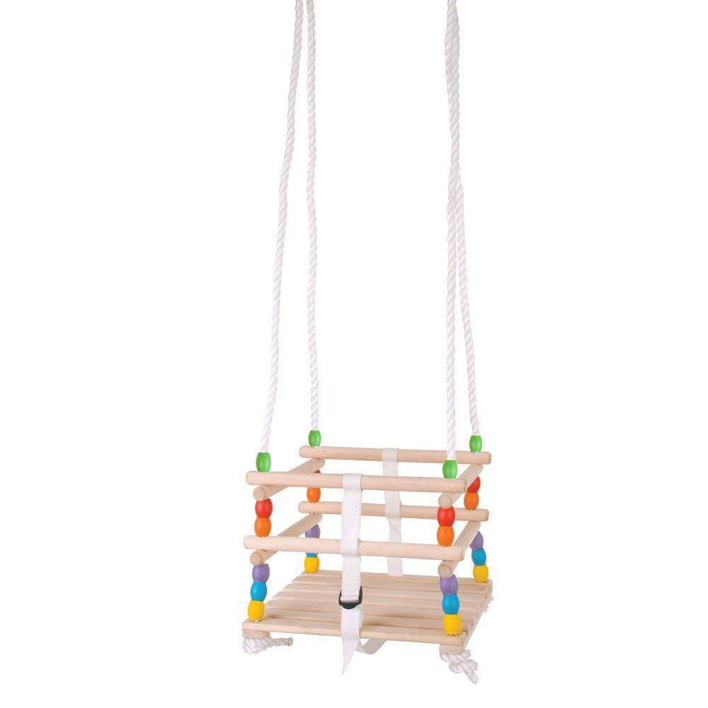 White Background. Wooden cradle swing with colourful wooden beads.
