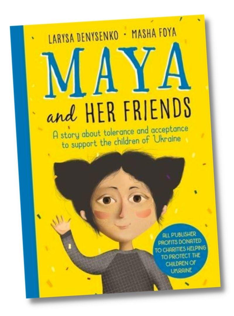Yellow book with a cartoon girl on the front. Text reads ' Maya and Her Friends'.