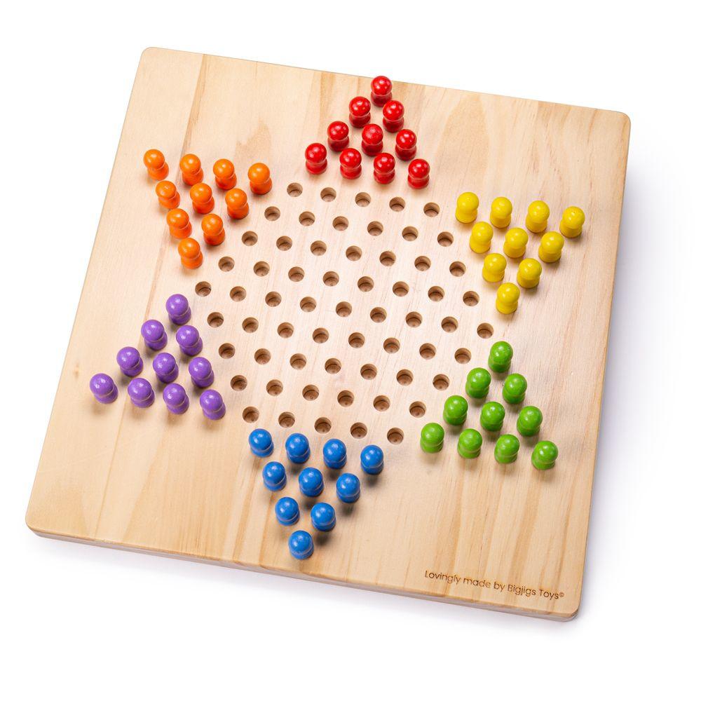 Wooden Chinese Chequers board game with a star shape and 6 differently coloured pegs in each point of the star.