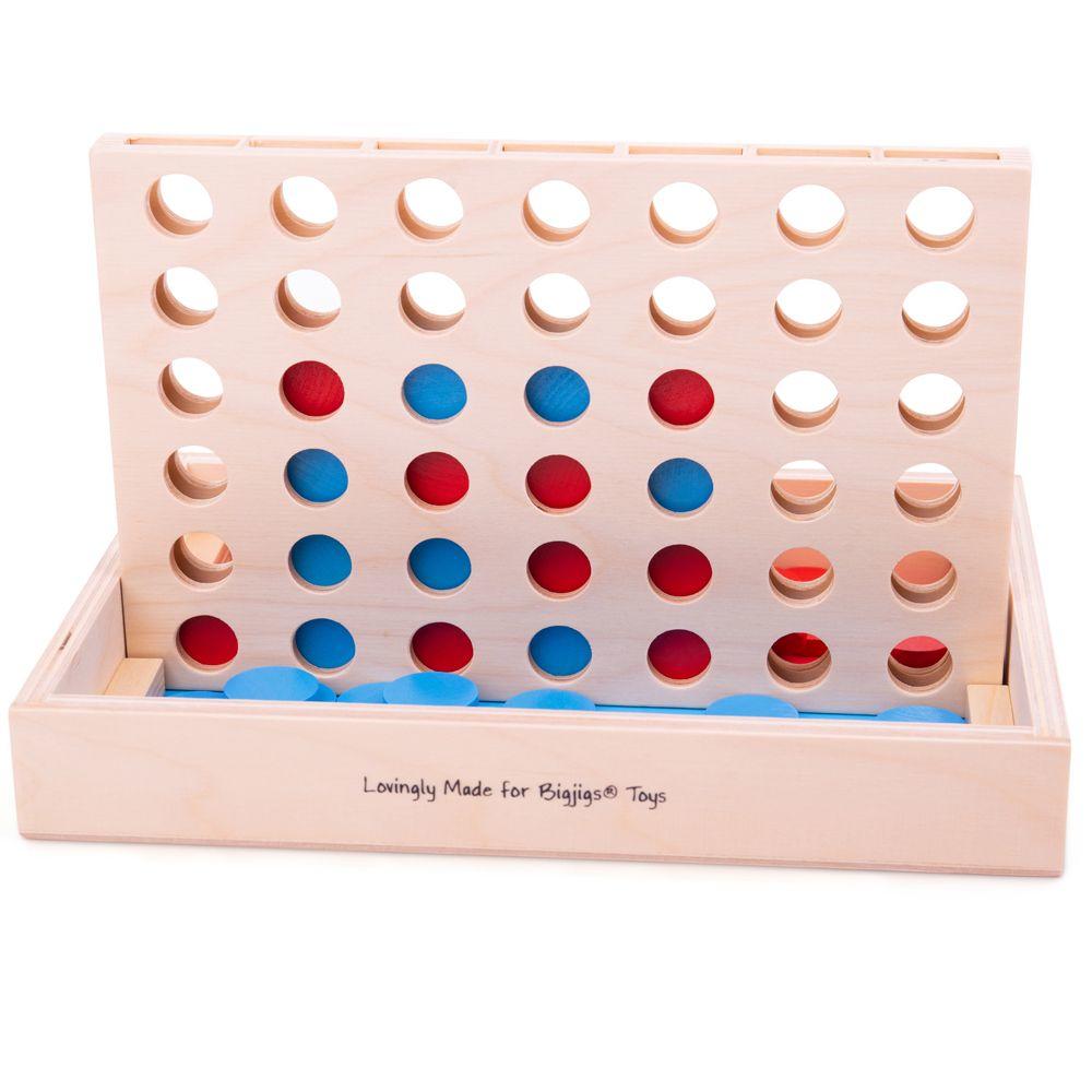 Wooden four-in-a-row game with circular holes and blue and red pieces.