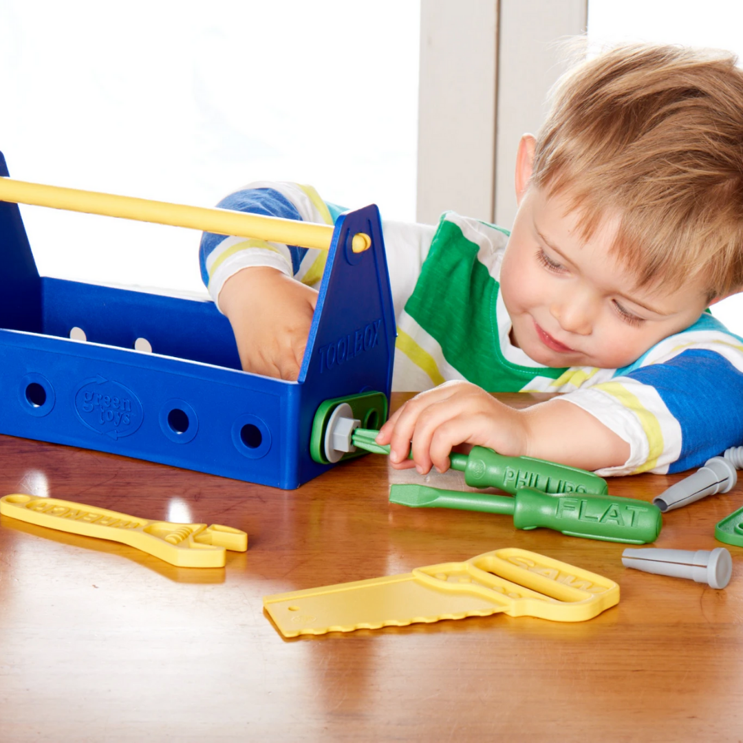 Green, blue & yellow tool kit for children.