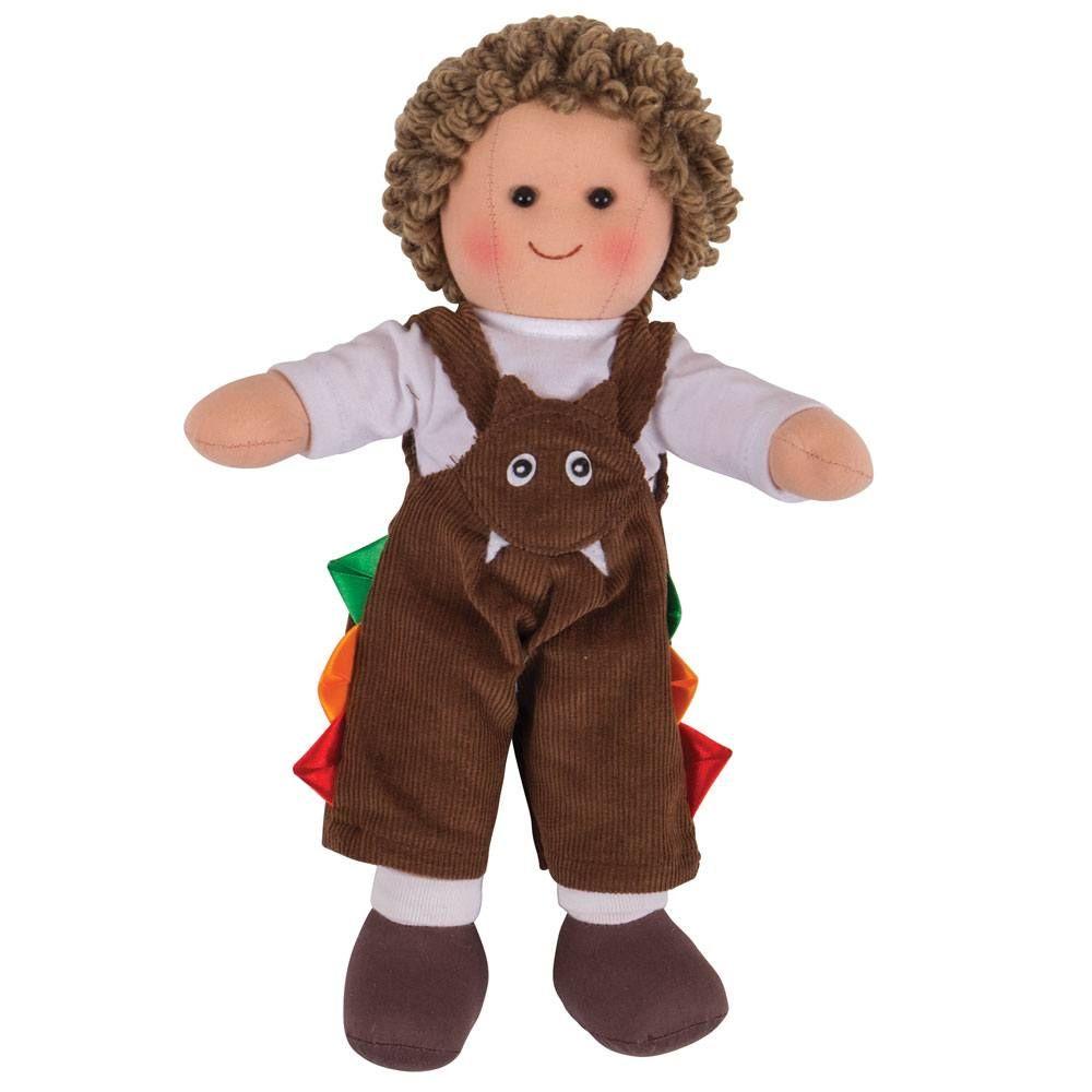 Boy rag-doll wearing brown dungarees.