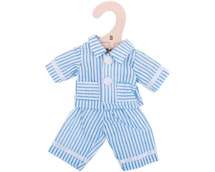 Blue and white striped dolls pyjamas on a hanger.