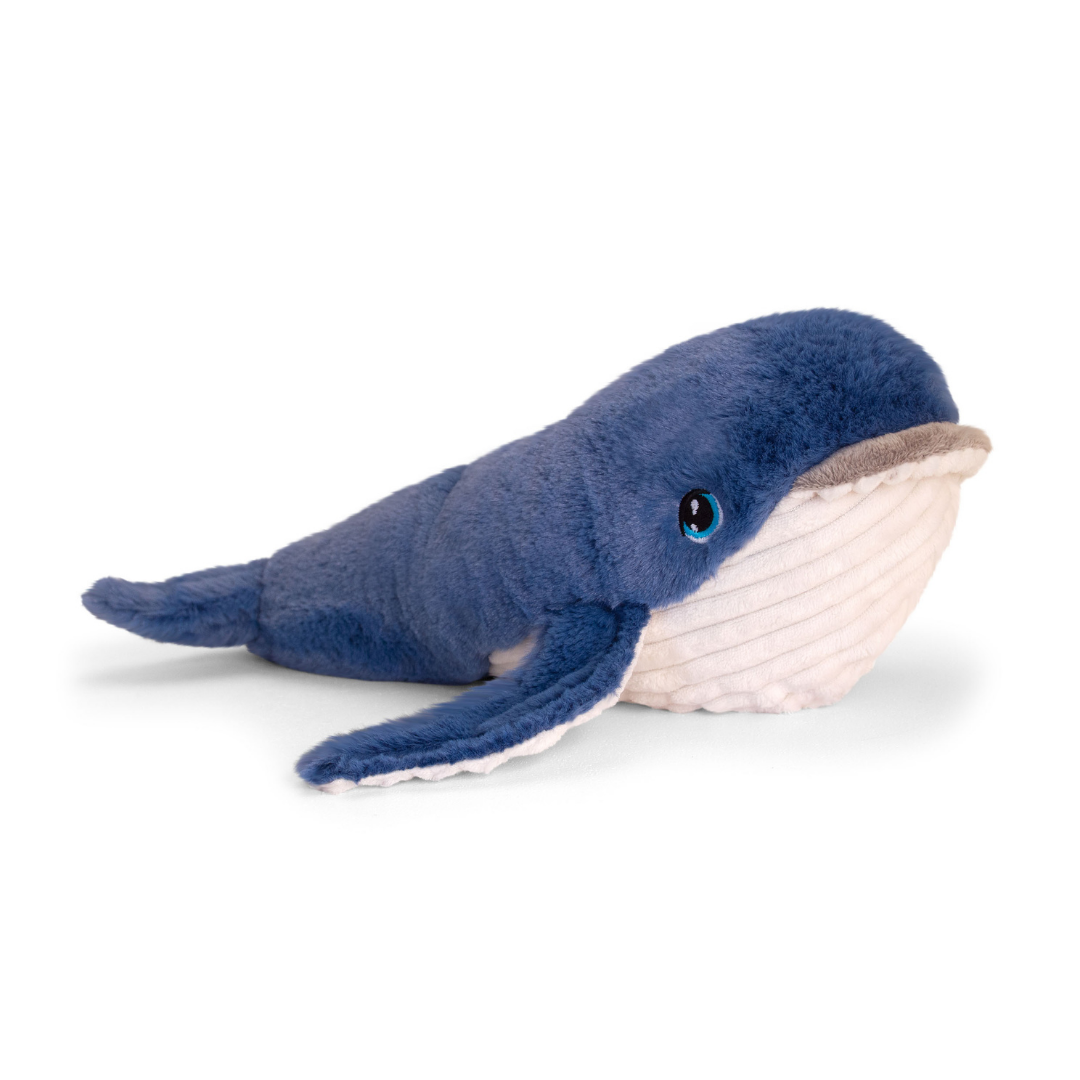 Blue cuddly whale toy.