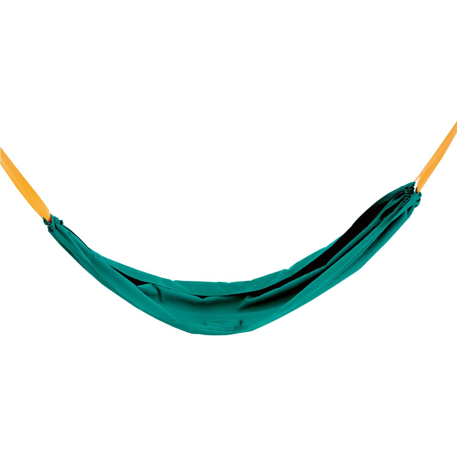 Green hammock swing with yellow straps on a white background.