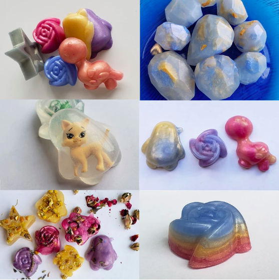 Collage of differently-shaped soaps made with the kit.