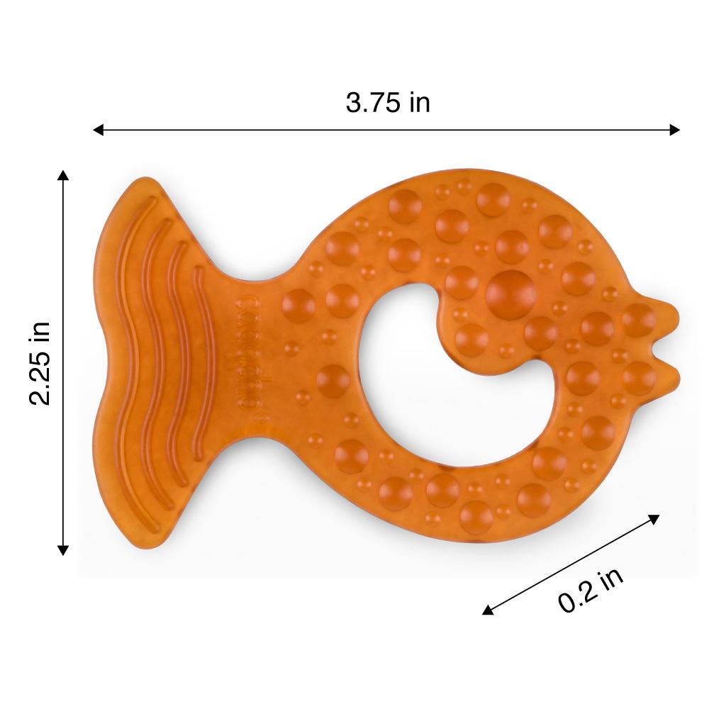 Fish teether with measurements beside.
