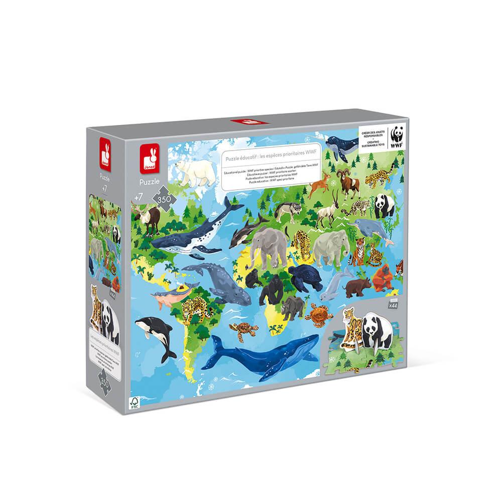 Jigsaw puzzle box containing the 350 piece jigsaw puzzle of some of the WWF's priority species.