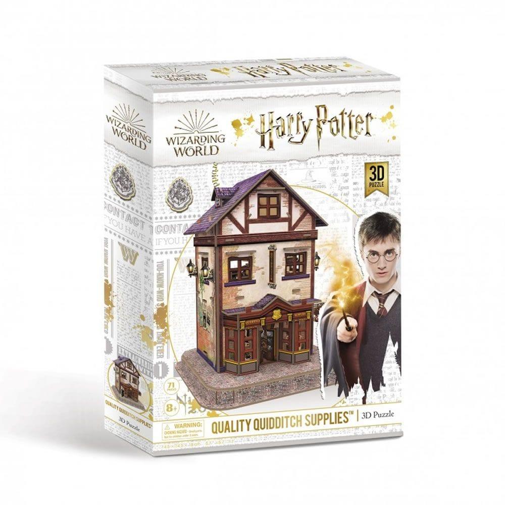 Rectangular box with the Quidditch Supplies building model inside. Harry Potter on the front. White backgroundd.