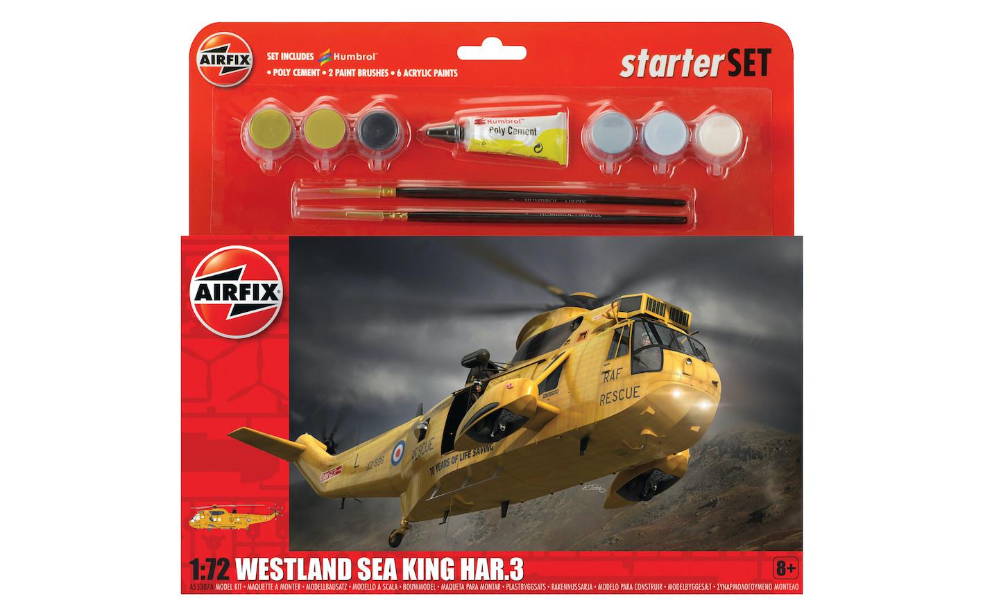 Pack containing model kit of Sea King helicopter including all parts, paints and brushes.