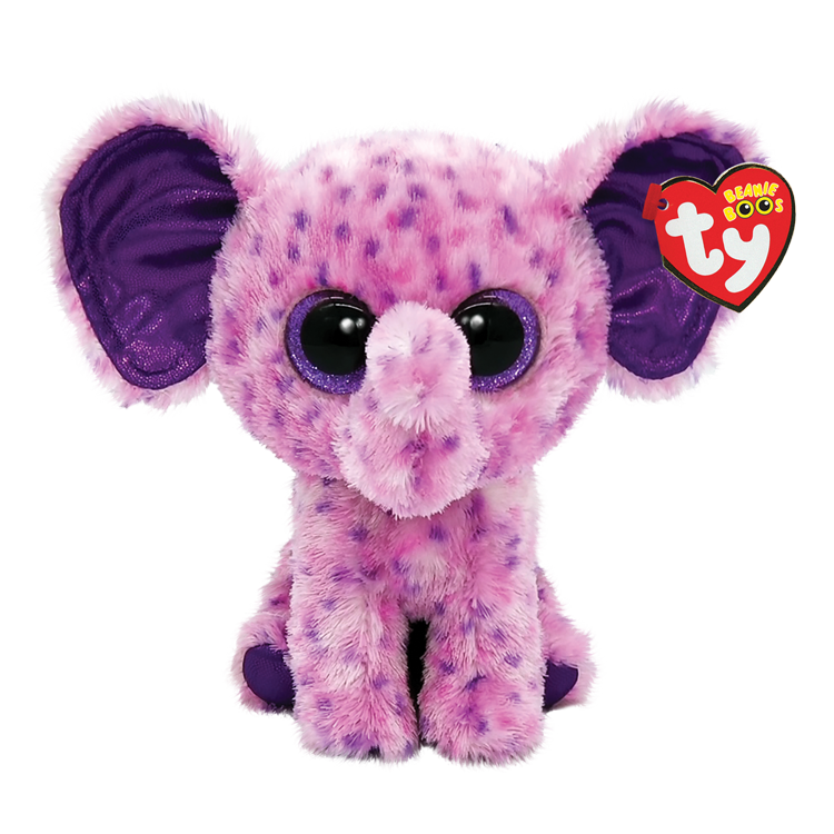 Pink, seated elephant soft toy.